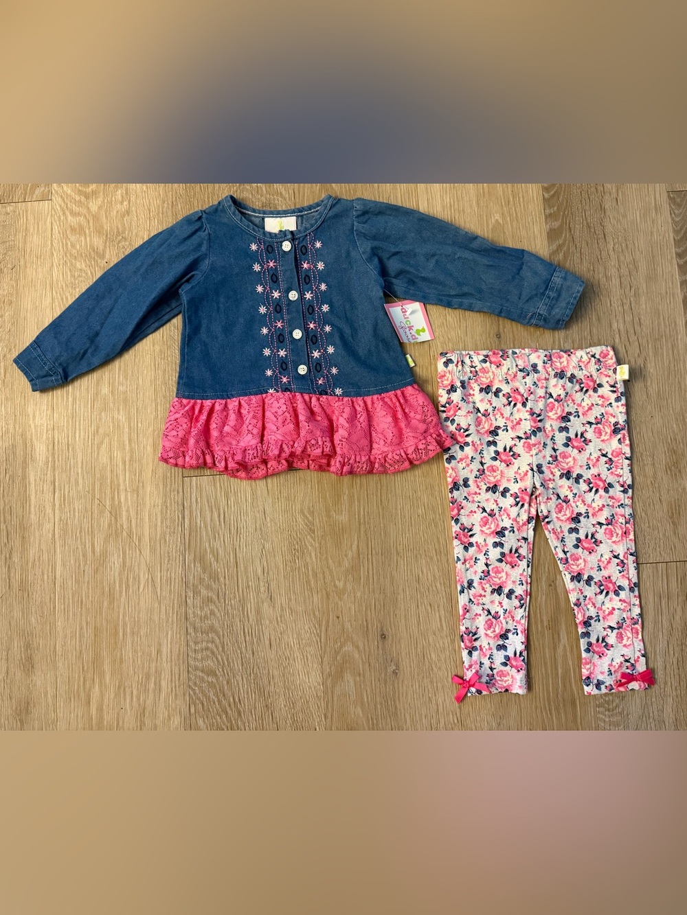 Duck Duck Goose Girl's Size 12 Months Denim Pink Floral Matching Set